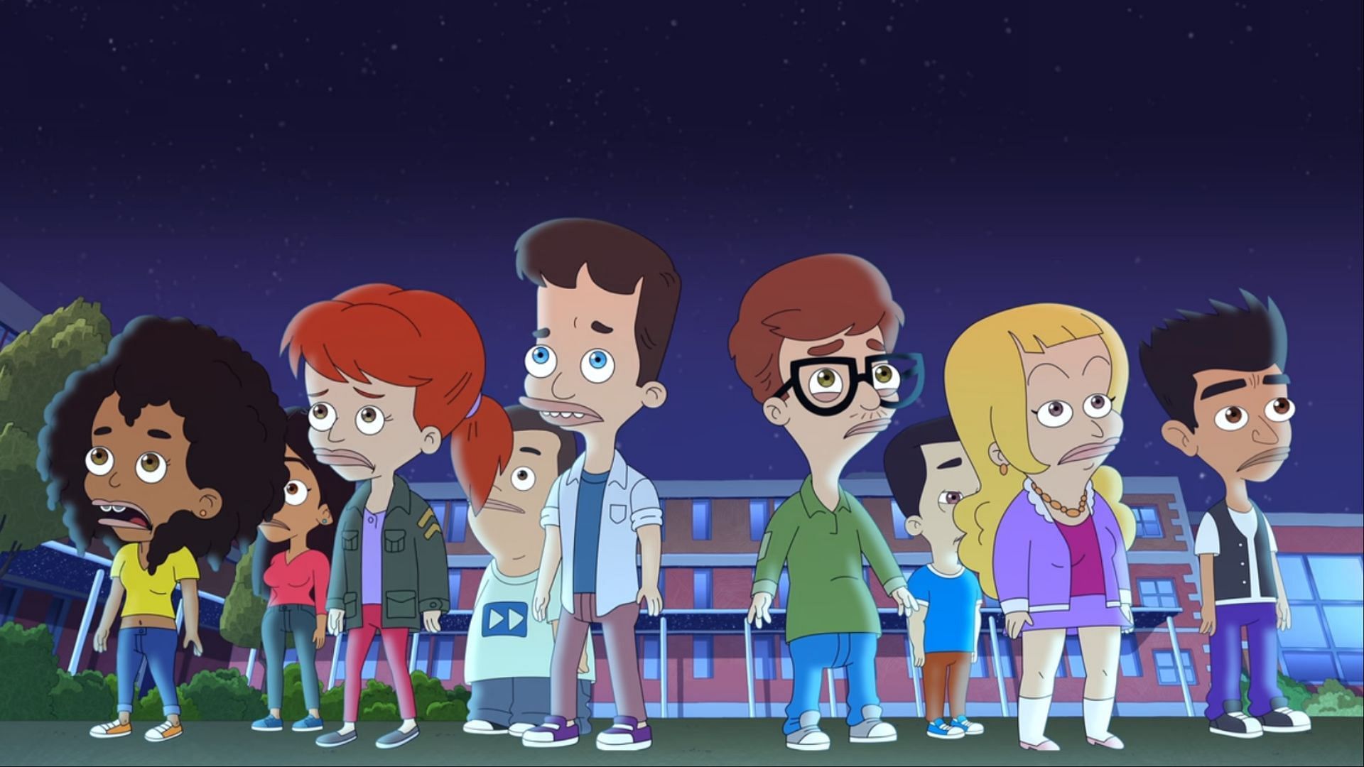 The children of Big Mouth season 8 stand together, staring at the mysterious white light that symbolizes their uncertain yet inevitable transition into the future. (Image via Netflix)